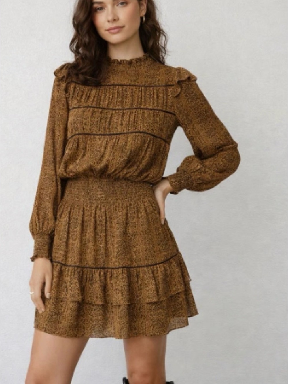 Rails Brown Printed Smocked Waist Long-Sleeve Ruffle Dress